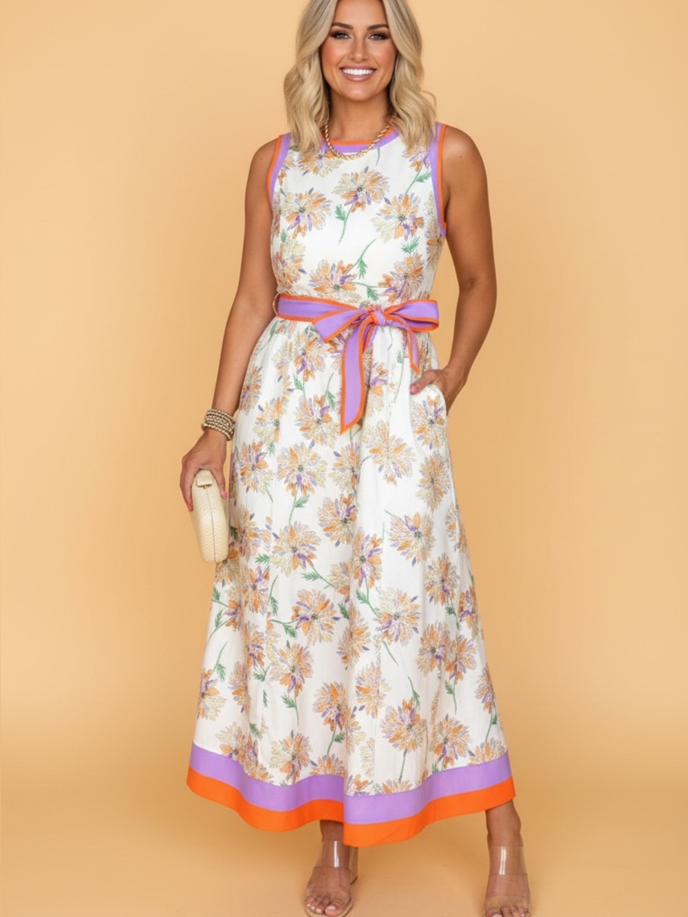 BAND NEW Floral Colorblock Trim
Belted Sleeveless
Maxi Dress